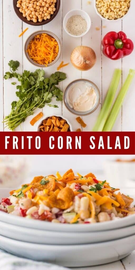 Frito corn salad collage showing finished salad and all ingredients with recipe title in middle of photos