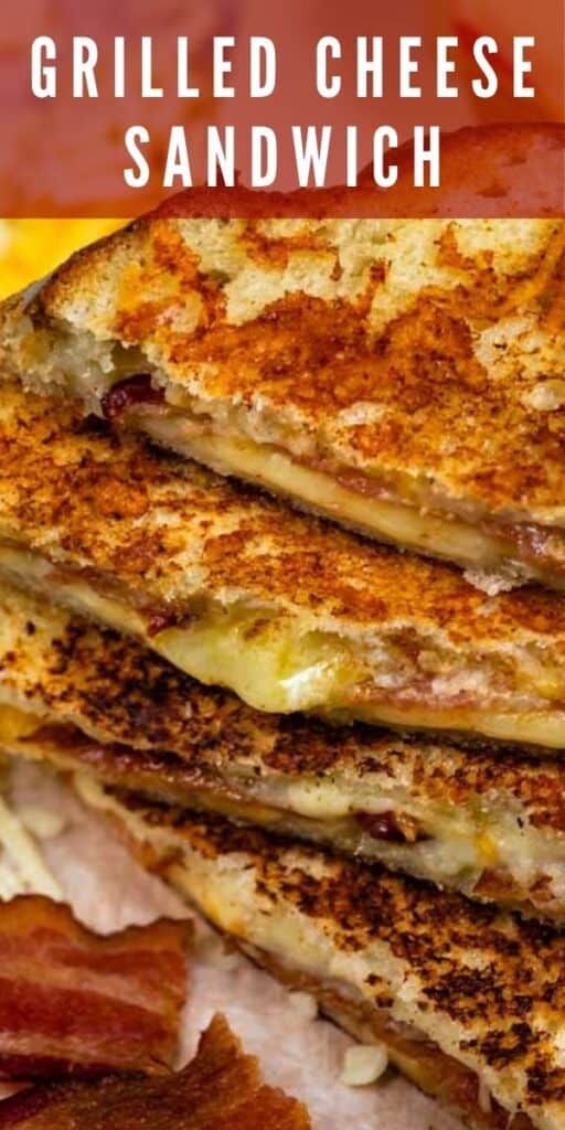 Grilled cheese sandwiches cut in half and stacked on top of eachother surrounded by cheese and bacon with recipe title on top of image
