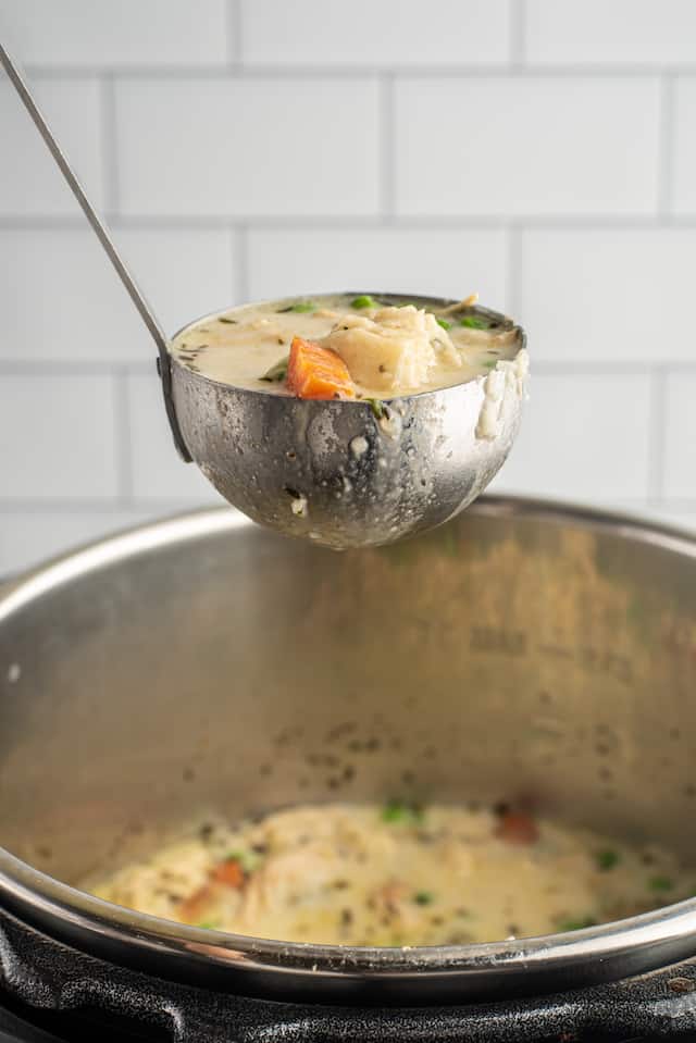 Ladle filled with chicken and dumplings over an instant pot
