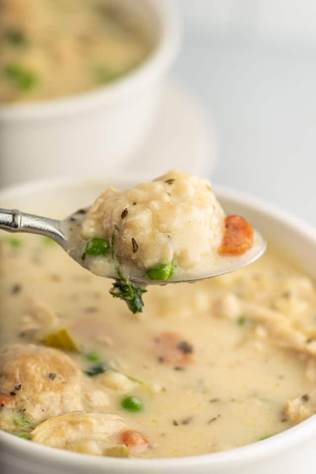 Close up of a spoonful of chicken and dumplings over bowl
