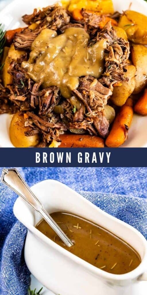 Photo collage showing brown gravy in a dish and on pot roast with recipe title in between the two photos