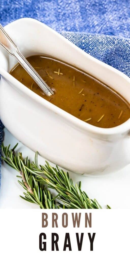 Brown gravy in a white gravy boat with thyme next to it and recipe title on bottom of photo