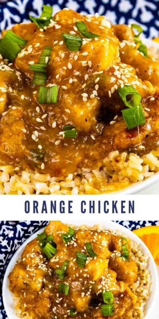 Two photo collage of orange chicken plated with recipe title in middle of two photos