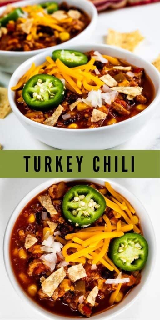 Photo collage showing turkey chili with toppings and recipe title in middle of photo