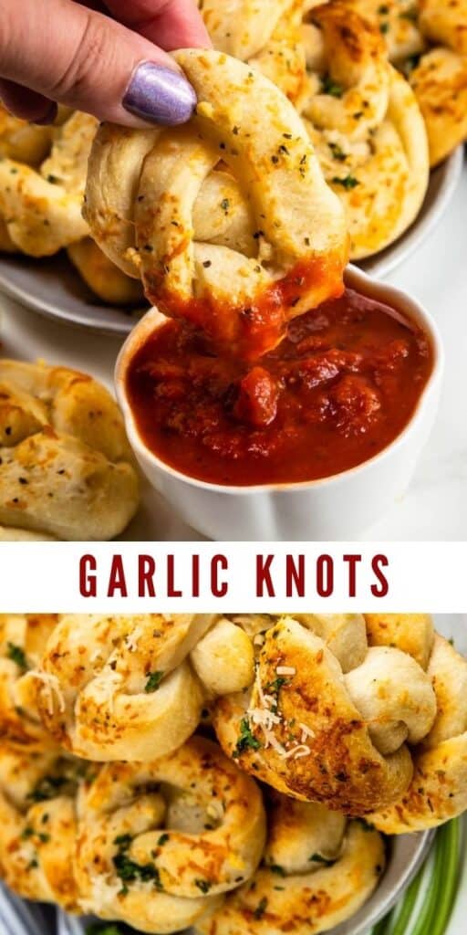 Photo collage of garlic knots with recipe title in between the photos