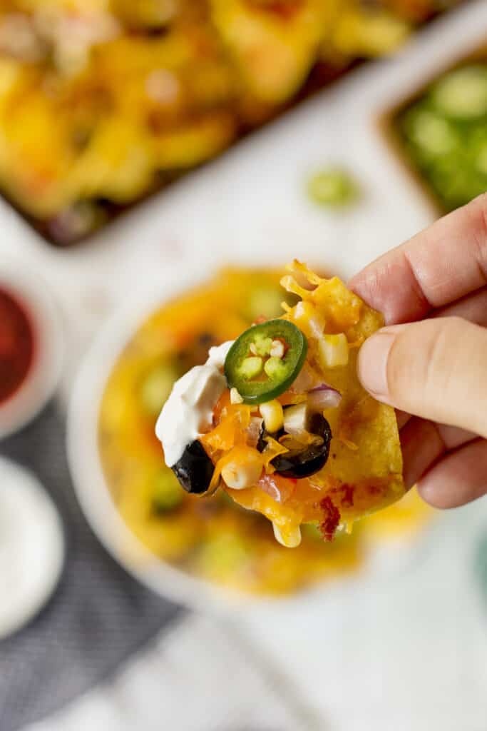 Close up of hand holding a vegetarian nacho with all the toppings