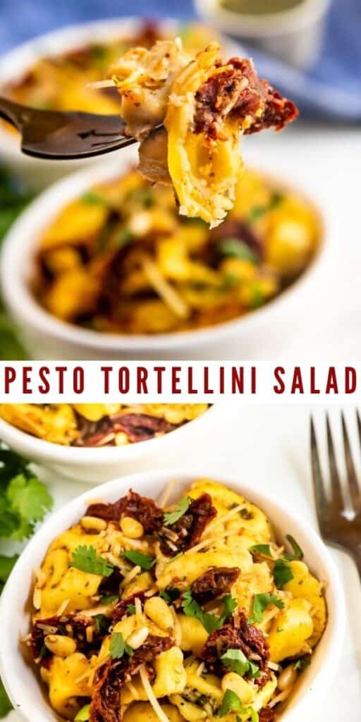 Photo collage of pesto tortellini salad with recipe title in between the two photos