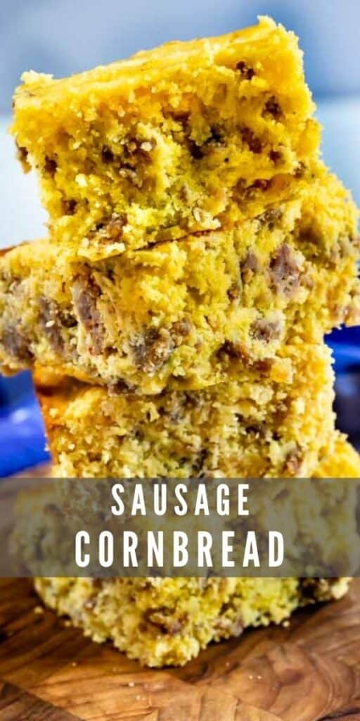 Close up shot of four pieces of sausage cornbread stacked on eachother with recipe title on bottom of photo