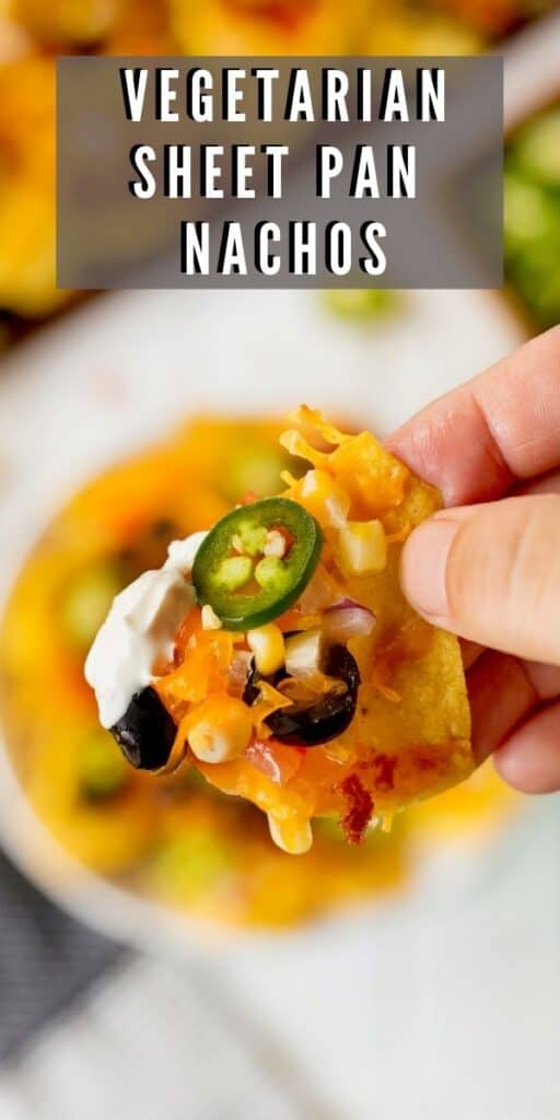 Close up of hand holding a vegetarian nacho with all the toppings and recipe title on top of image