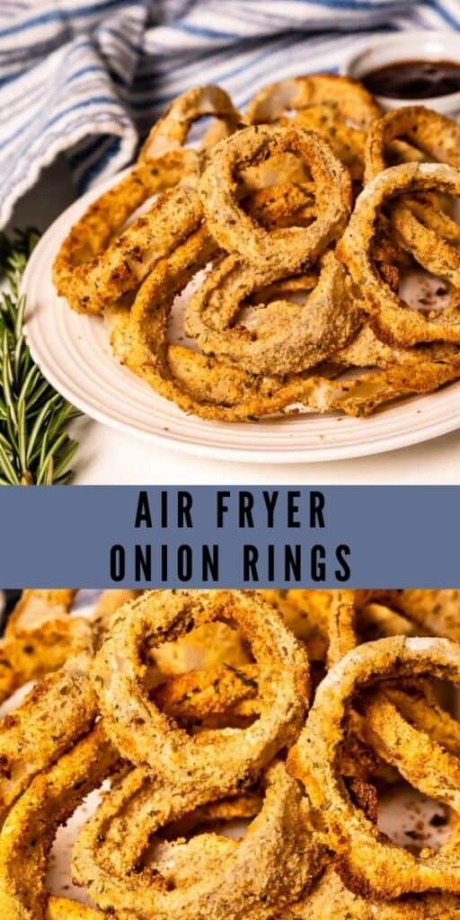 Photo collage of air fryer onion rings with recipe title in middle of photos