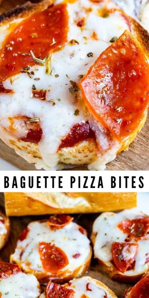Photo collage showing baguette pizza bites with pepperoni on top and recipe title in middle of two photos
