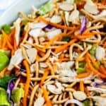 Close up photo of chinese chicken salad with recipe title in top right corner of photo