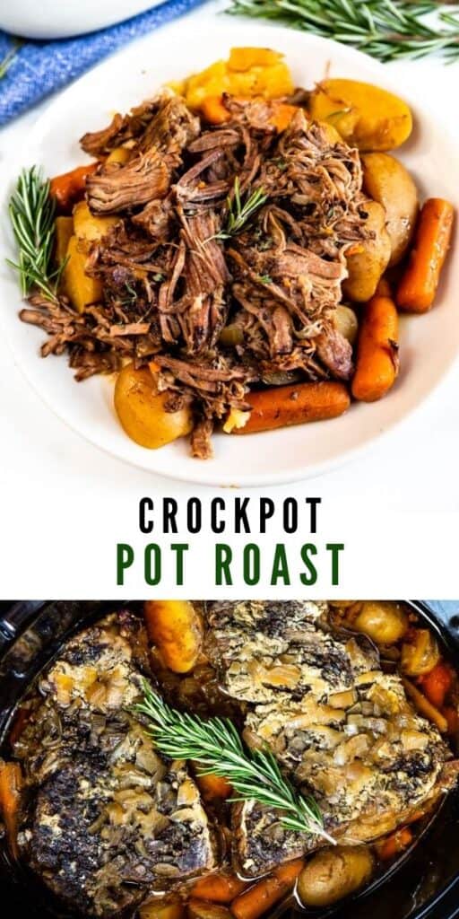 Photo collage of crockpot pot roast with recipe title in middle of photos