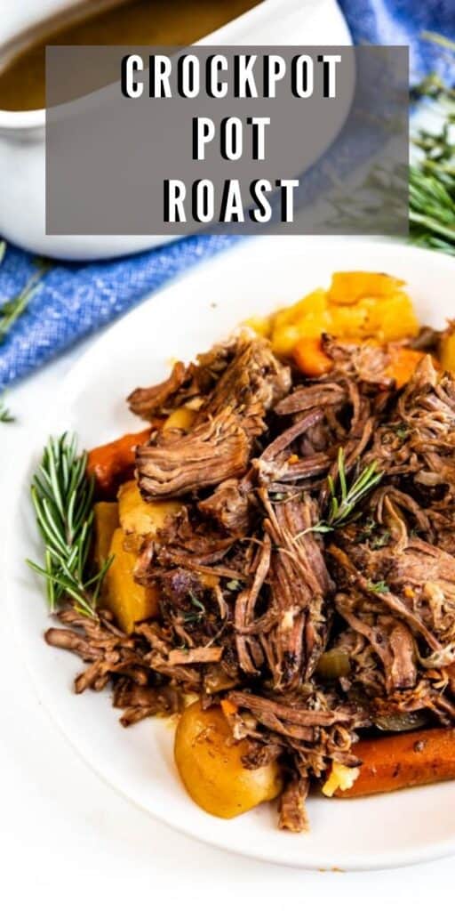 Plated crockpot pot roast with recipe title in upper right hand of photo