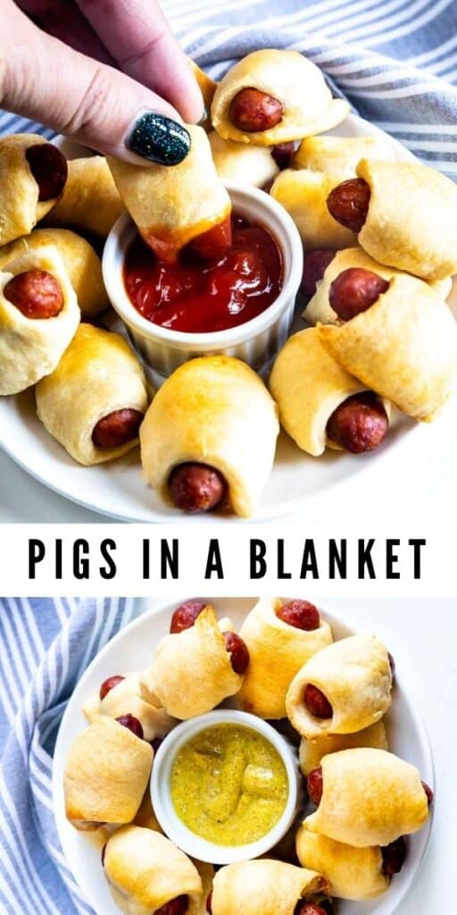 Photo collage of pigs in a blanket with different dipping sauces and recipe title in middle of photos