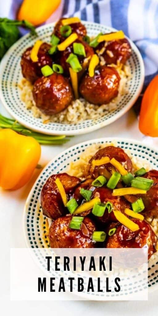 Two plates of teriyaki meatballs over white rice with bell peppers and recipe title on bottom of image