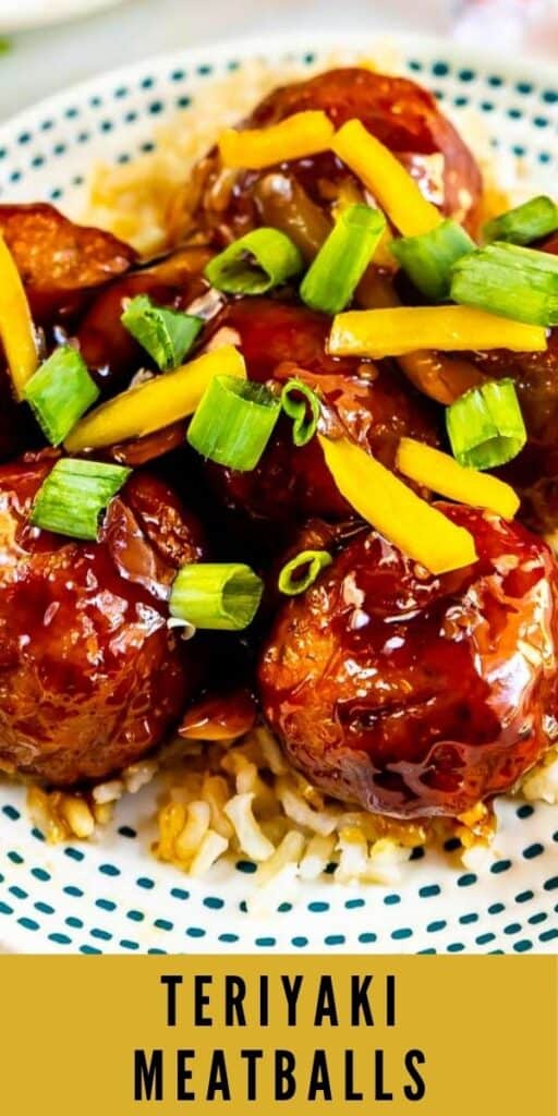 Overhead close up shot of teriyaki meatballs over white rice and recipe title on bottom of image