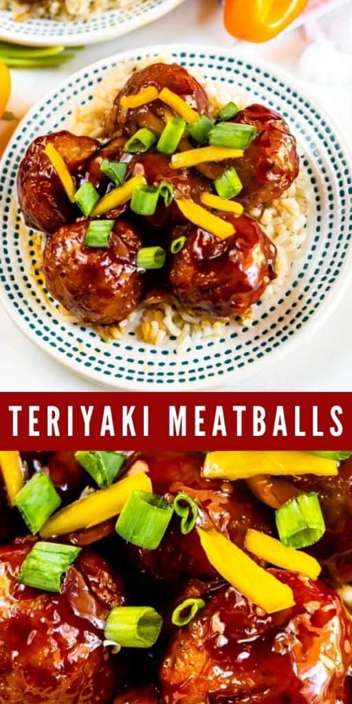 Collage of teriyaki meatballs with recipe title in middle of two photos