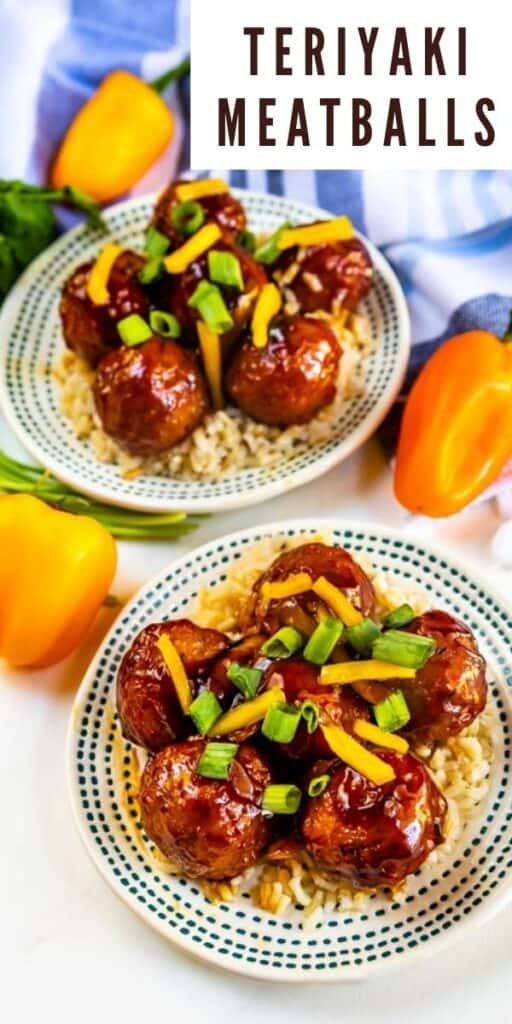 Two plates of teriyaki meatballs over white rice with bell peppers and recipe title in top right corner of image