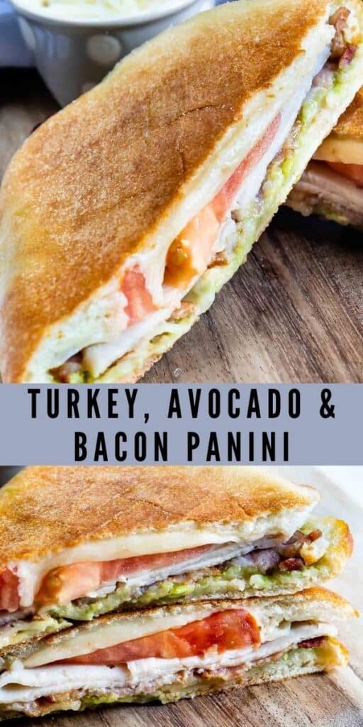 Photo collage showing turkey avocado bacon panini with recipe title in middle of photos