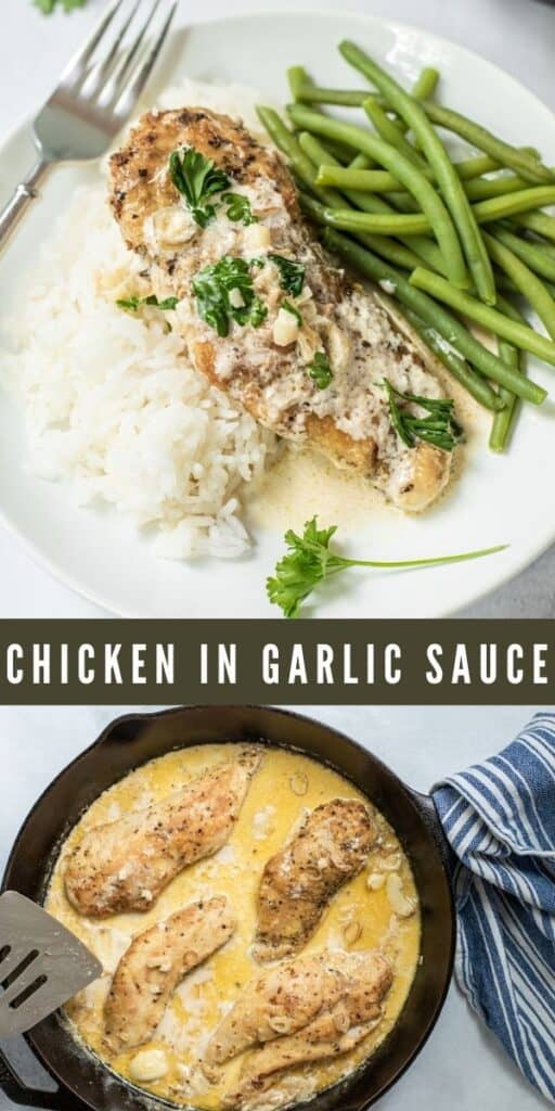 Photo collage showing chicken in garlic sauce with recipe title in middle of photos
