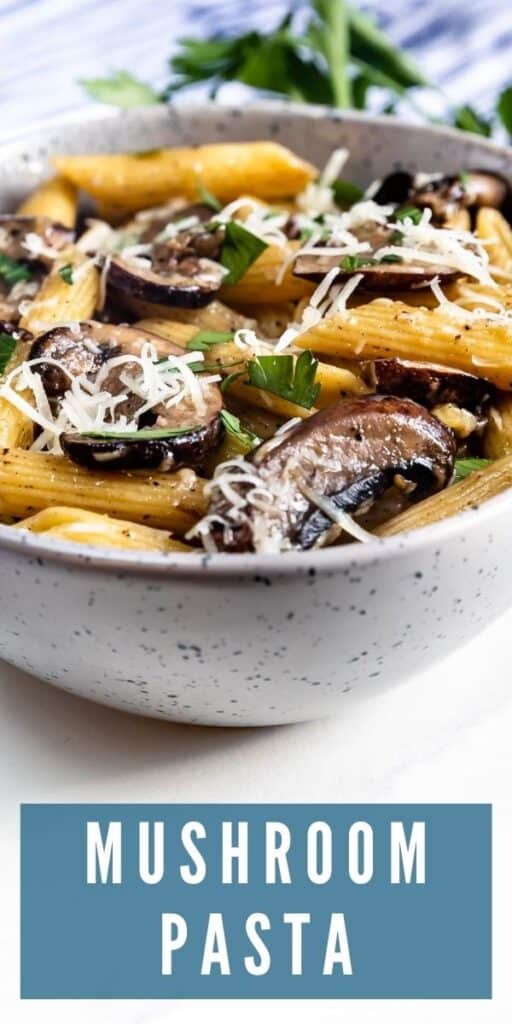 Mushroom pasta in a bowl with shaved parmesan cheese on top and recipe title on bottom of photo