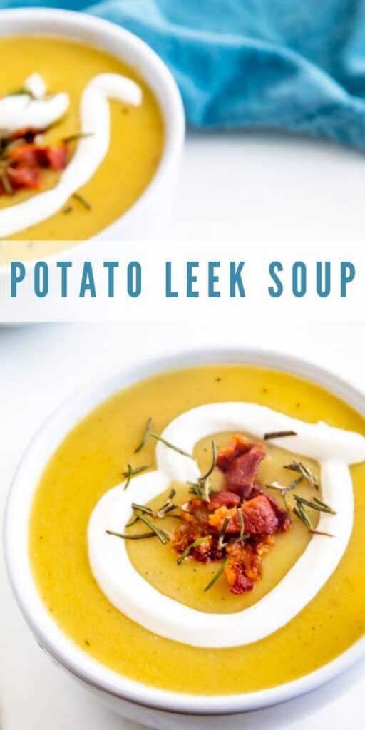 Overhead shot of 2 bowls of potato leek soup and recipe title on top of image