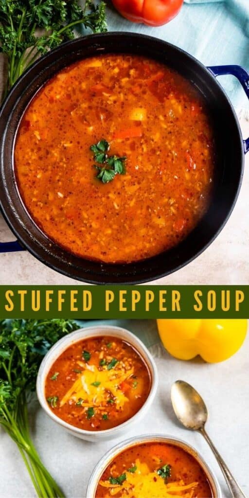 Photo collage of bell pepper soup with recipe title in middle of two photos