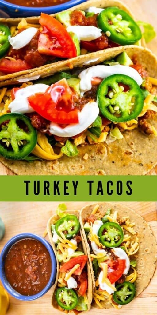 Photo collage with turkey tacos and recipe title in middle of photos