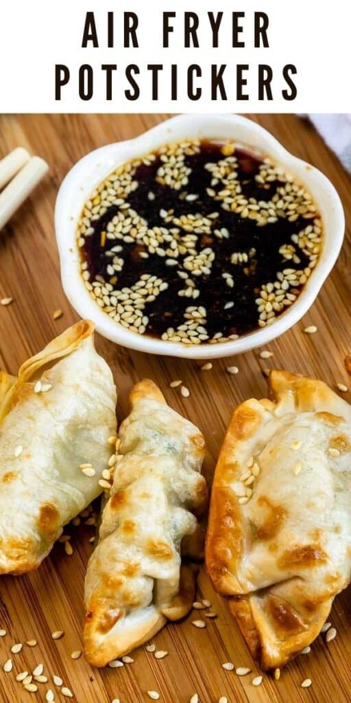 Close up shot of air fryer potstickers with dipping sauce and recipe title on top of image
