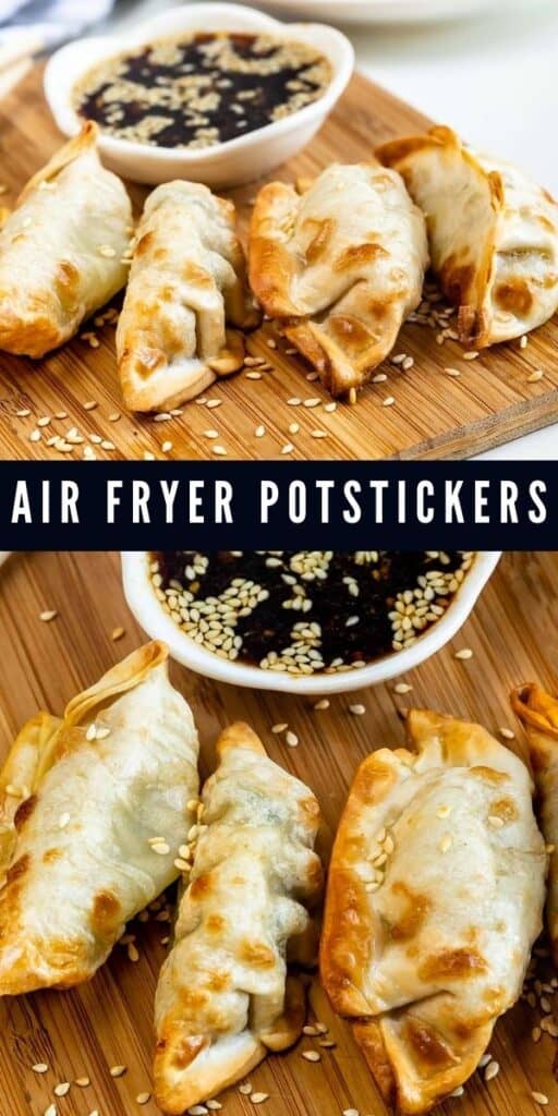 Collage of two photos showing air fryer potstickers with recipe title in between them