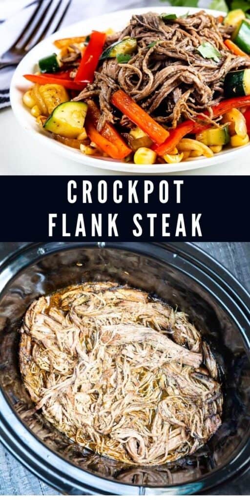 Two photo collage showing crockpot flank steak with recipe title in middle of photos