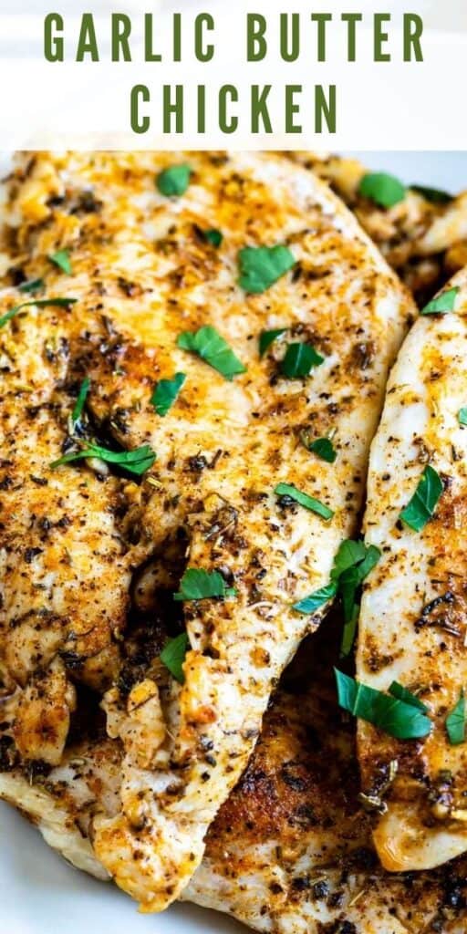 Close up shot of garlic butter chicken breasts