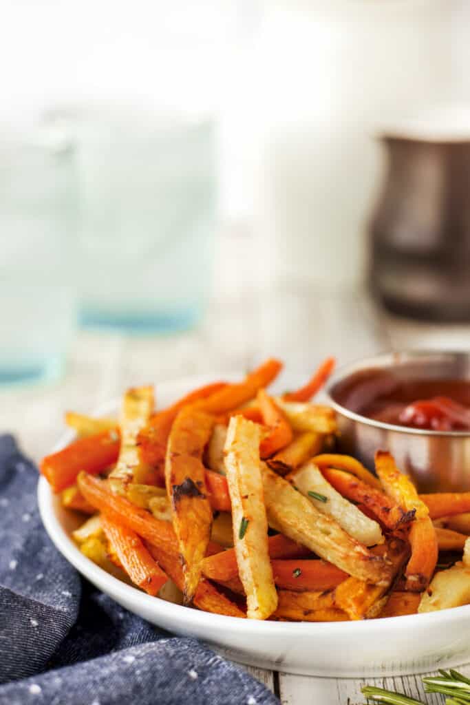 Close up of air fryer trio rosemary fries with ketchup