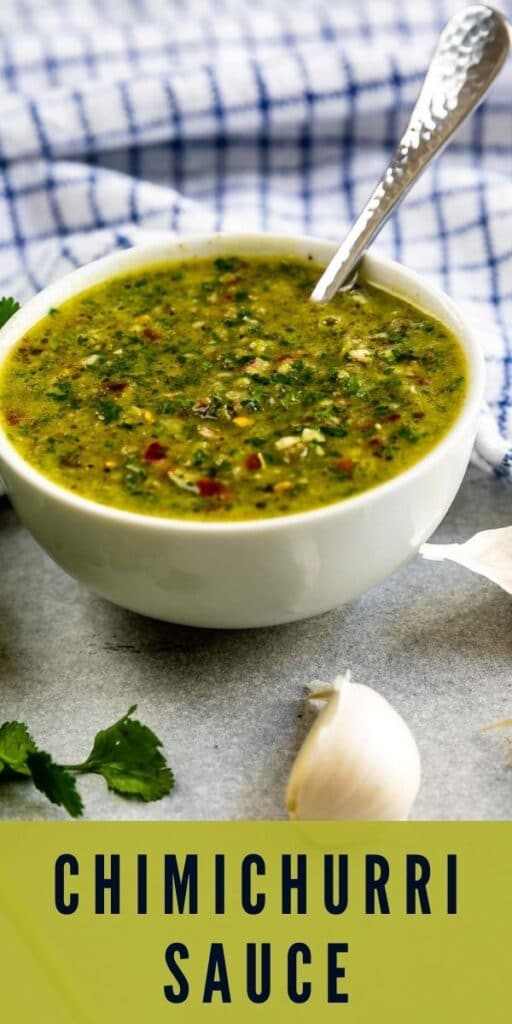 Bowl of chimichurri sauce with ingredients around it with recipe title on bottom of image