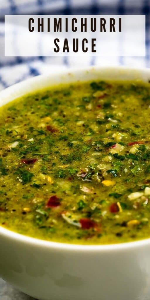 Close up shot of chimichurri sauce in a bowl with recipe title on top of image