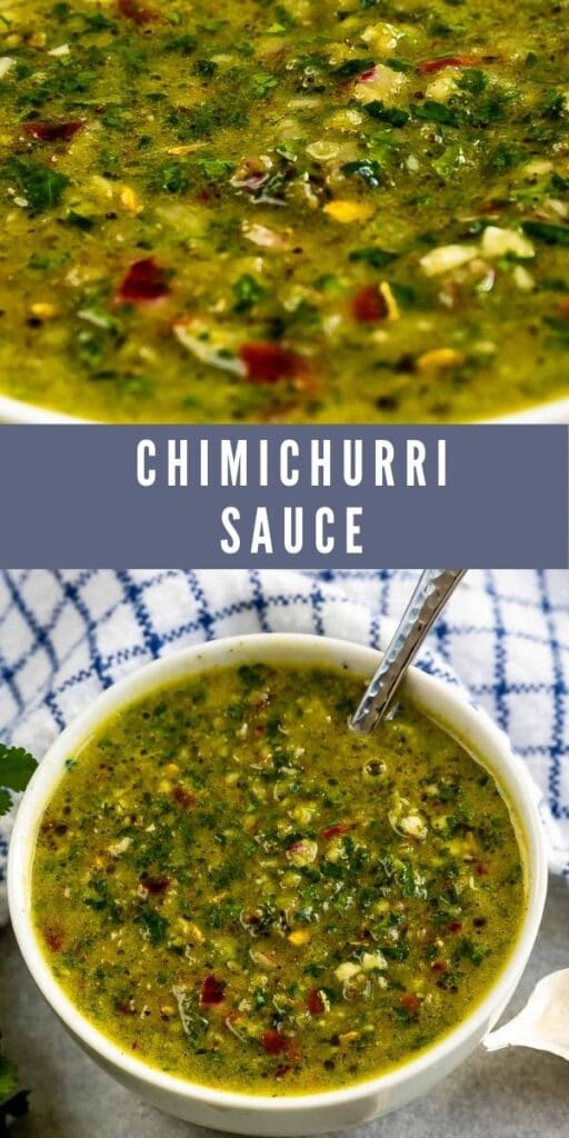 Photo collage of chimichurri sauce with recipe title in middle of two photos