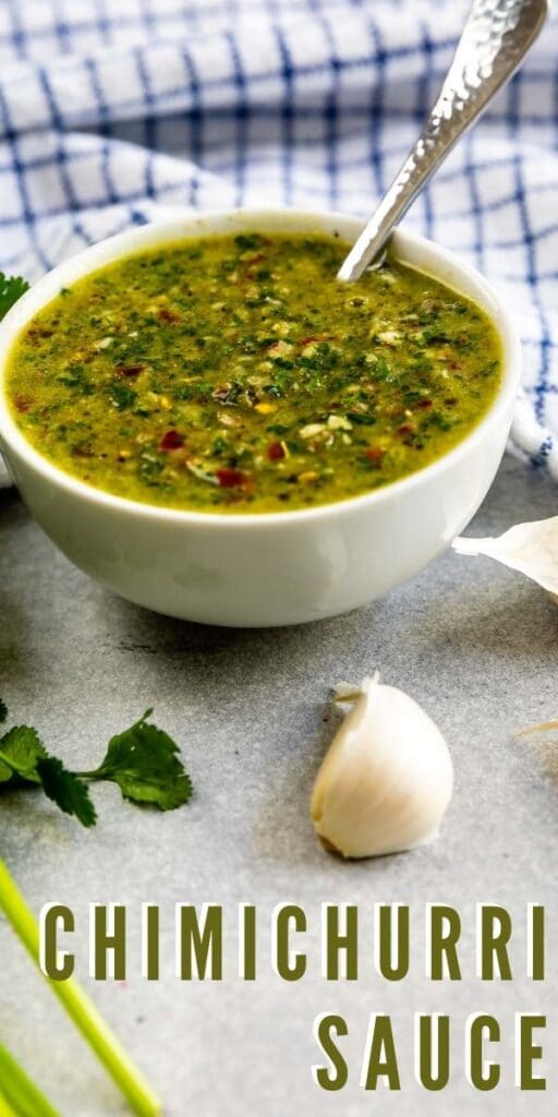 Bowl of chimichurri sauce with ingredients around it with recipe title on bottom of image