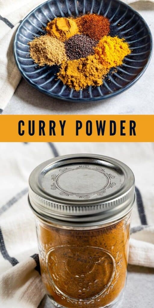 Photo collage of curry powder before and after made with recipe title in middle of photos