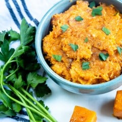 Overhead shot of a bowl of mashed butternut squash with more squash around it