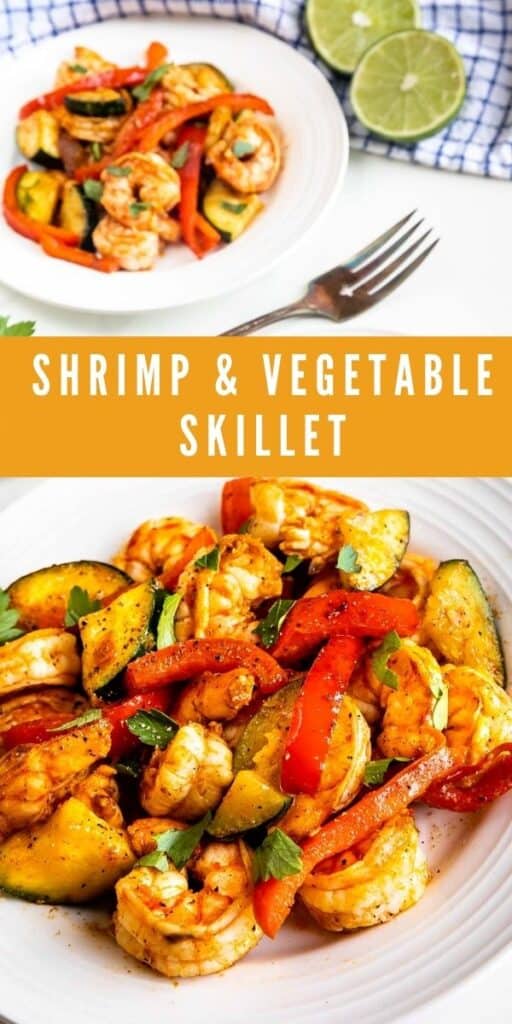 Photo collage showing shrimp and vegetable skillet dinner with recipe title in the middle