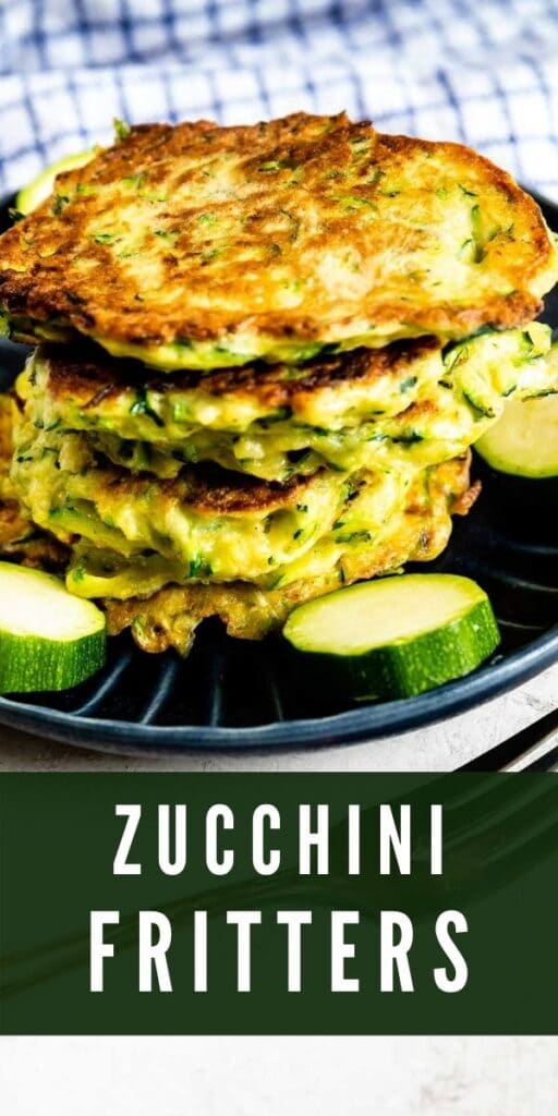 Stack of zucchini fritters on a plate surrounded by circled zucchinis with recipe title on bottom of photo