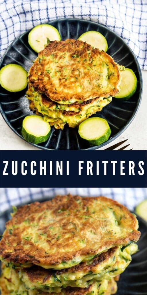 Photo collage of zucchini fritters with recipe title in the middle of photos