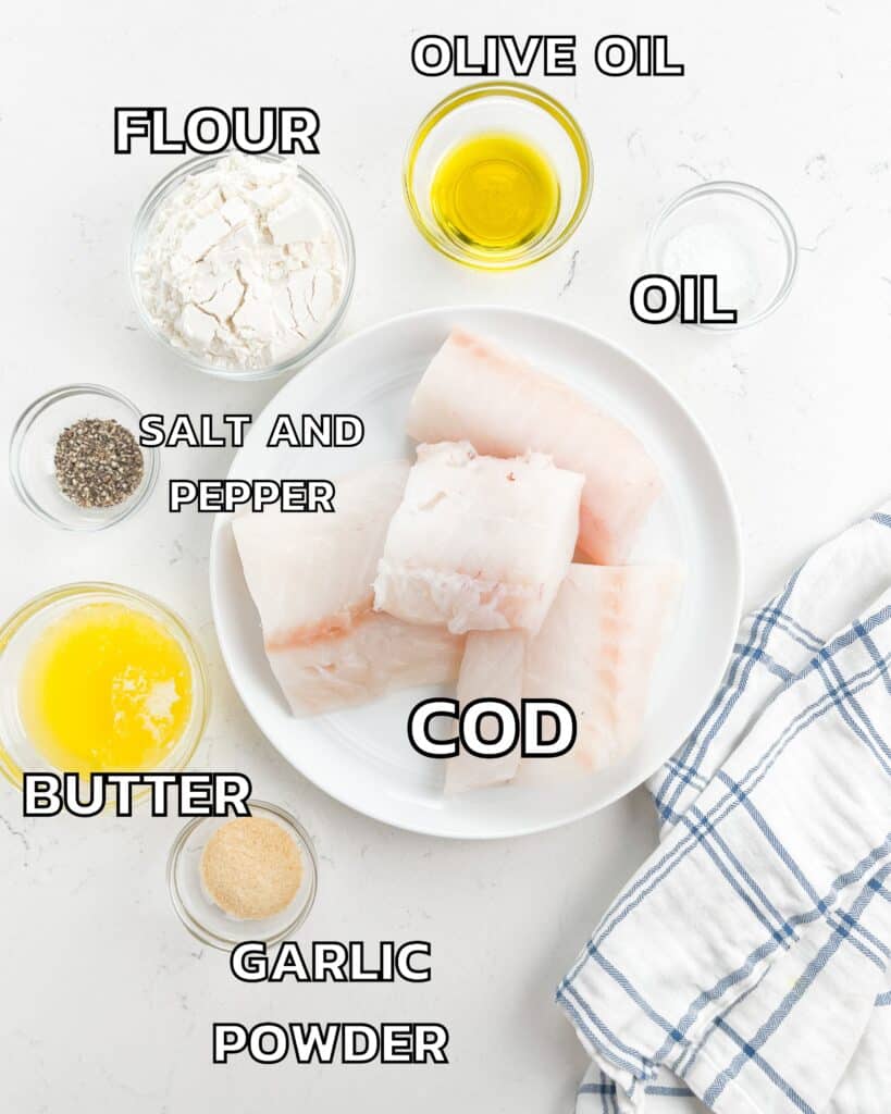 ingredients in cod laid out on a white marble counter.