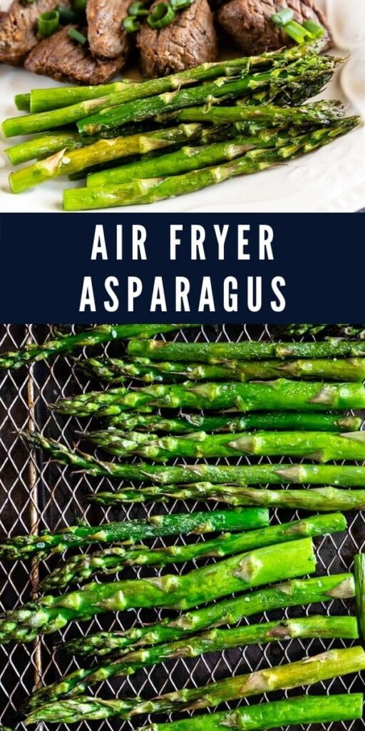 Air fryer asparagus collage with recipe title in the middle of two photos