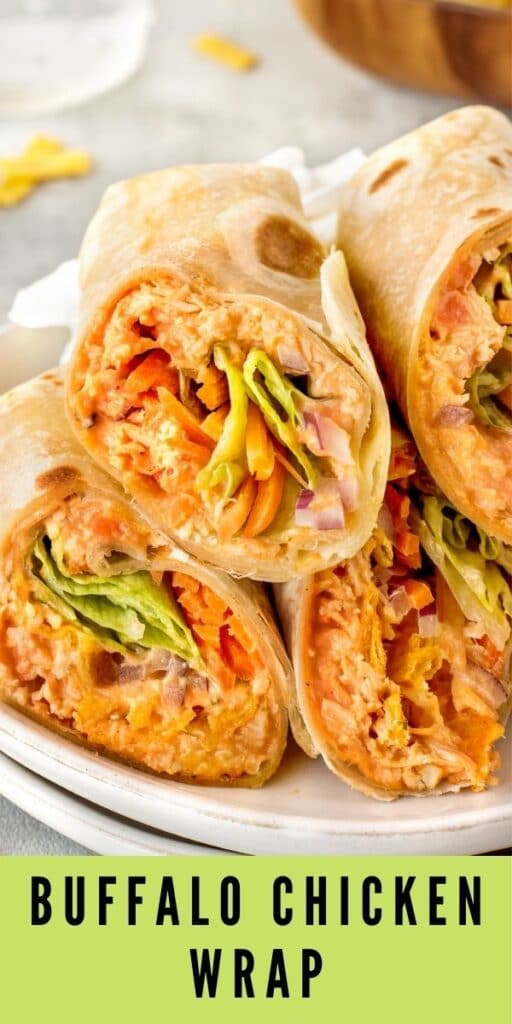 Buffalo chicken wraps cut in half and stacked on a plate with recipe title on bottom of image