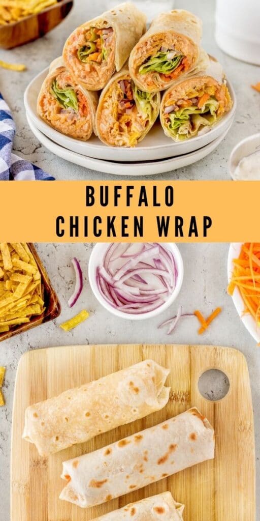 Photo collage of buffalo chicken wraps with recipe title in between two photos