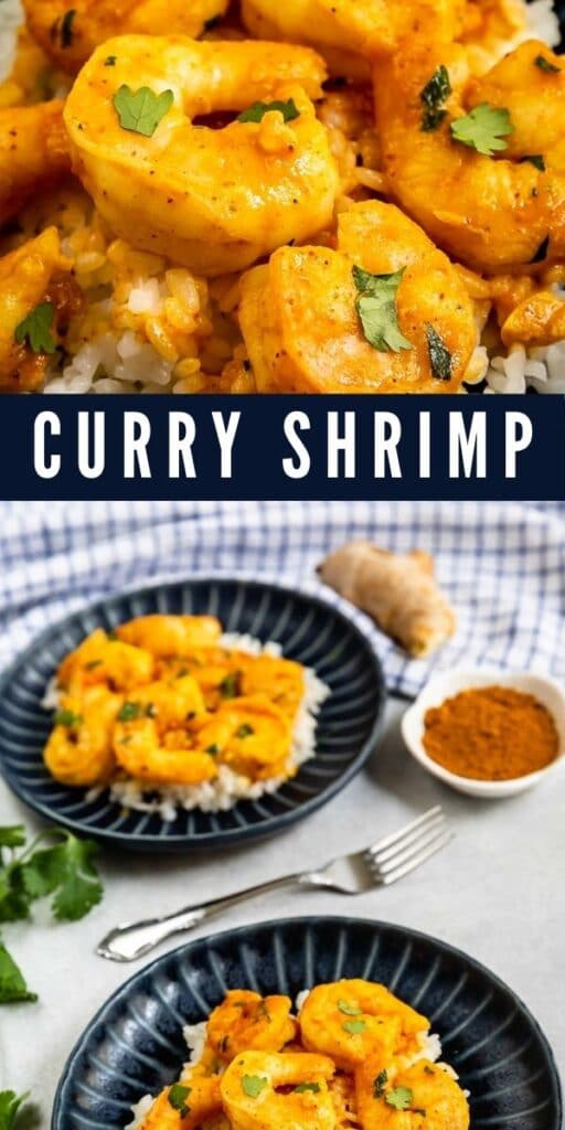 Photo collage of curry shrimp with recipe title in the middle of two photos