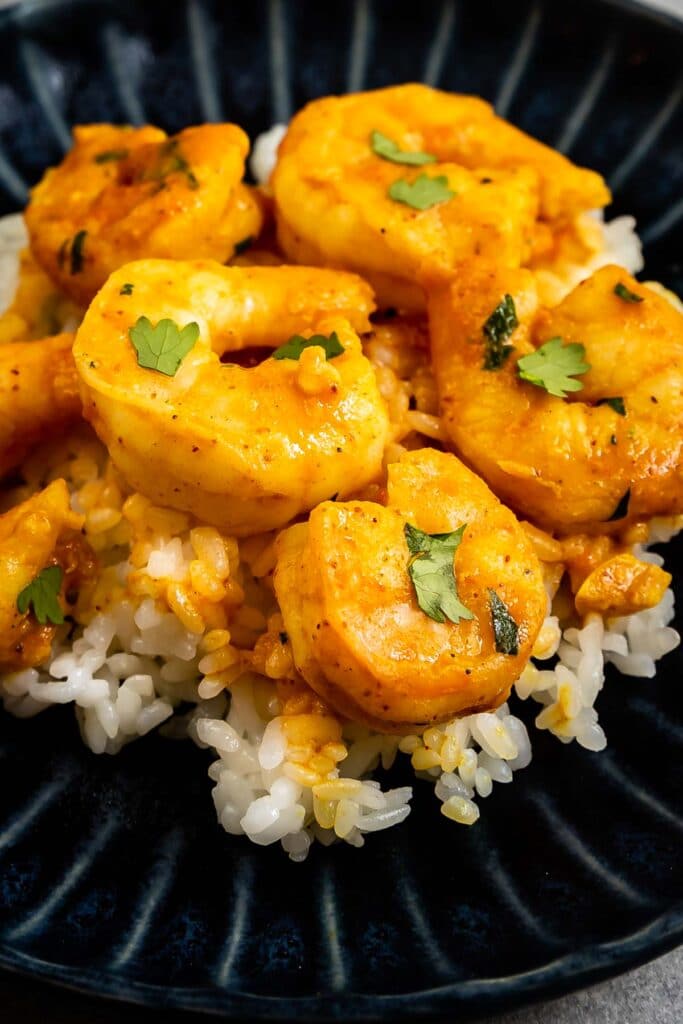 Close up shot of curry shrimp served over rice