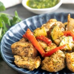 Plate full of pesto chicken and vegetables